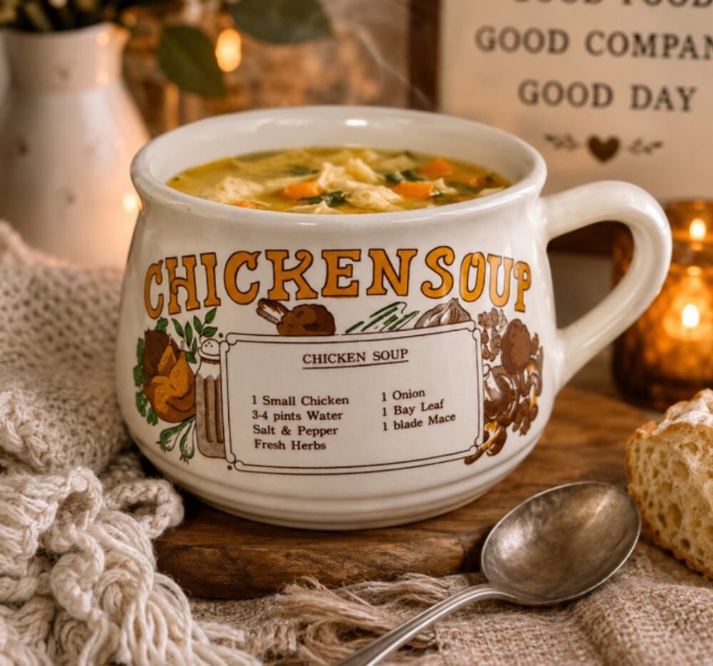 Vintage Chicken Soup Recipe Oversized Ceramic Soup Mug Bowl Farmhouse Kitchen